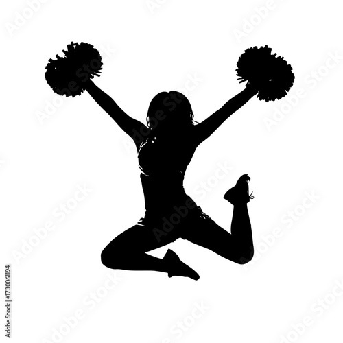 Vector art of a dynamic cheerleader leaps with pompoms, her silhouette capturing the energy and enthusiasm of the performance, showcasing athleticism and spirit