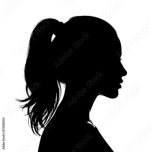Vector art of silhouette of a woman with ponytail a striking portrayal of a female figure in stark contrast, emphasizing form and contour with minimalist elegance