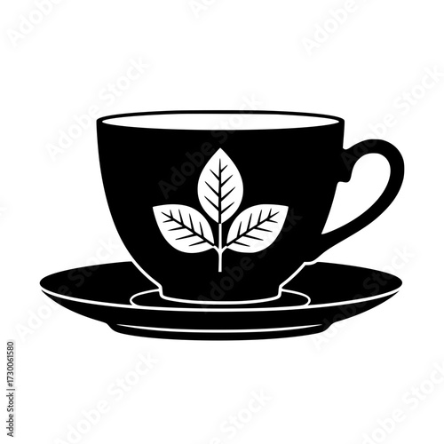 Vector art of elegant teacup and saucer, adorned with a delicate leaf design, evokes a sense of tranquility and sophistication, perfect for a relaxing tea time