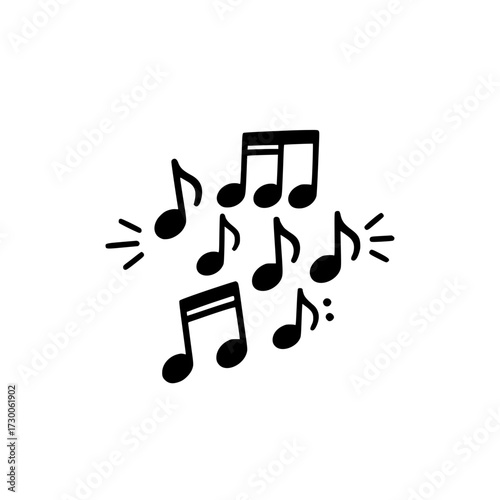 Vector art of a whimsical collection of musical notes dances across the page, each note a tiny symbol of melody and rhythm, , creating a symphony of visual harmony