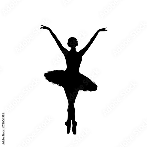 Vector art of silhouette of a ballerina in a tutu with arms raised gracefully, , capturing the essence of dance and elegance in a minimalist design
