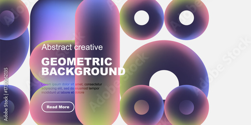 Vibrant geometric shapes overlap, creating colorful abstract background. Text promotes content with read more button.