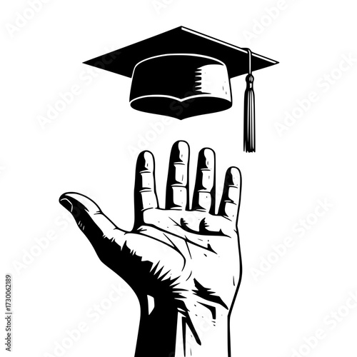 Vector art of hand reaching for graduation cap a symbol of aspiration, achievement, and the pursuit of knowledge and higher education for a brighter future
