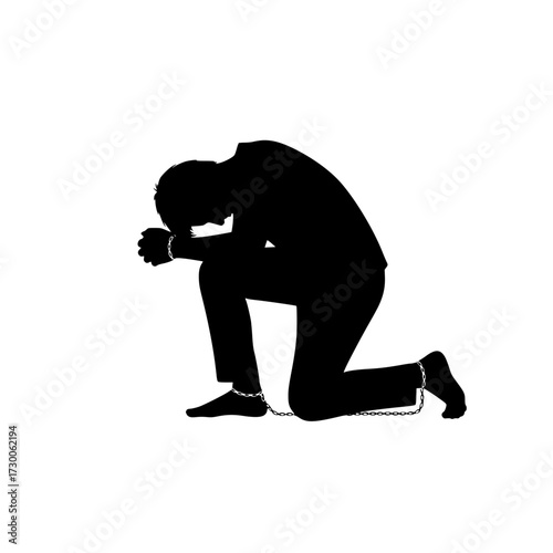 Vector art of silhouette of a man kneeling with shackles on his wrists and ankles a symbol of struggle, oppression, and the fight for freedom and justice