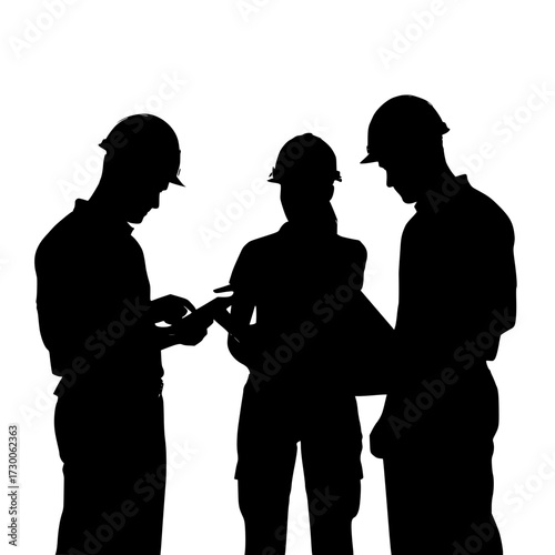Vector art of silhouette of three construction workers in hard hats discussing plans, , showcasing teamwork and collaboration in the construction industry setting