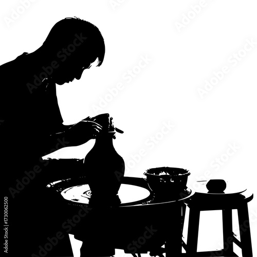 Vector art of silhouette of a potter shaping clay on a spinning wheel, showcasing the artistry and skill involved in creating pottery with a focus on form and technique