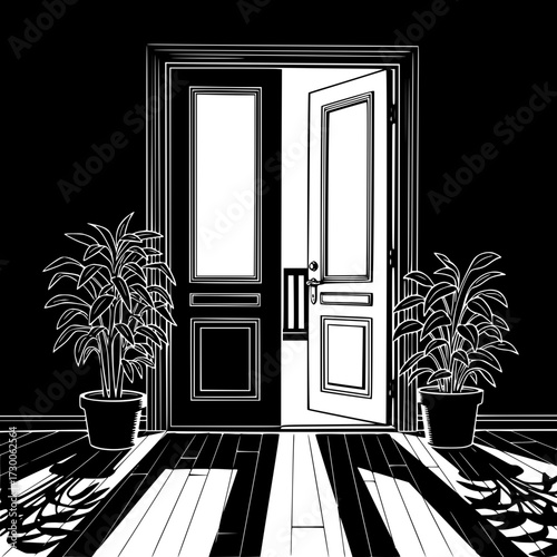 Vector art of a captivating monochrome illustration of an open door, flanked by potted plants, invites viewers into a realm of contrasting light and shadow, creating a sense of mystery and intrigue