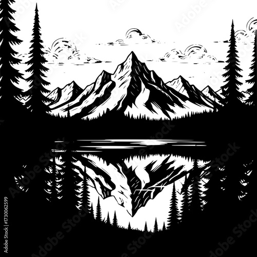 Vector art of a serene mountain landscape is reflected in the calm waters of a lake, surrounded by towering pine trees, creating a peaceful and picturesque scene of natures beauty