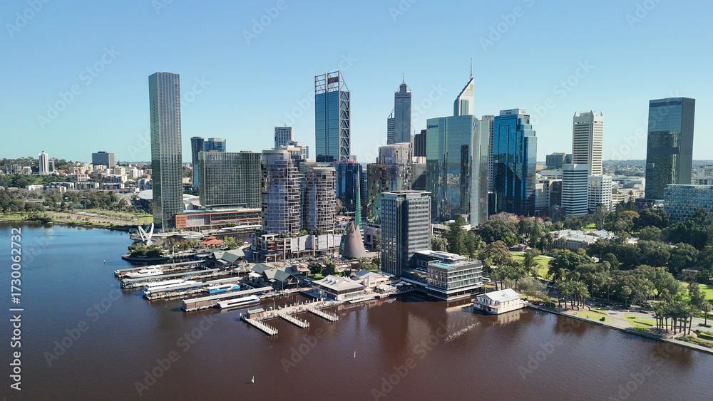 Obraz premium Aerial view of Perth skyline from Swan River with clear blue sky and sunny day reflections