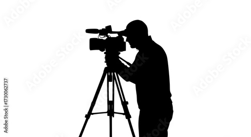 Vector art of silhouette of a cameraman with a professional camera on a tripod, , capturing a scene with precision and expertise in a studio or on location