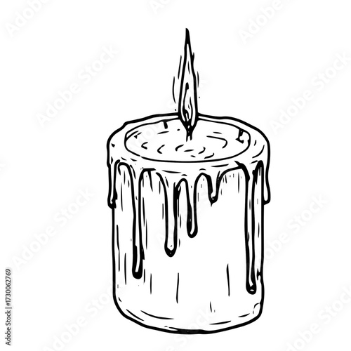 Wax candle with a flame, black and white sketch. Vector illustration. Guttered candles with a wick, insulated on a white background. Theme of Christmas, New year, winter and forest