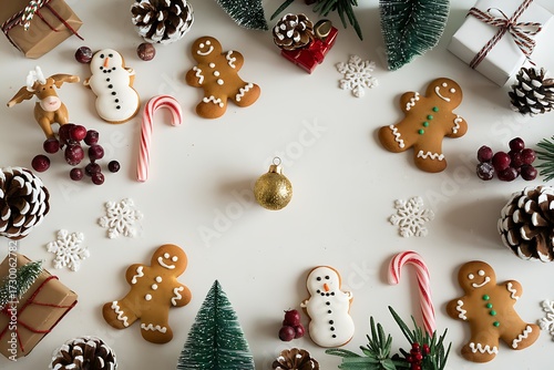 Festive Christmas arrangement showcasing gingerbread men, presents, pinecones, snowflakes, and other holiday decorations on a white surface.