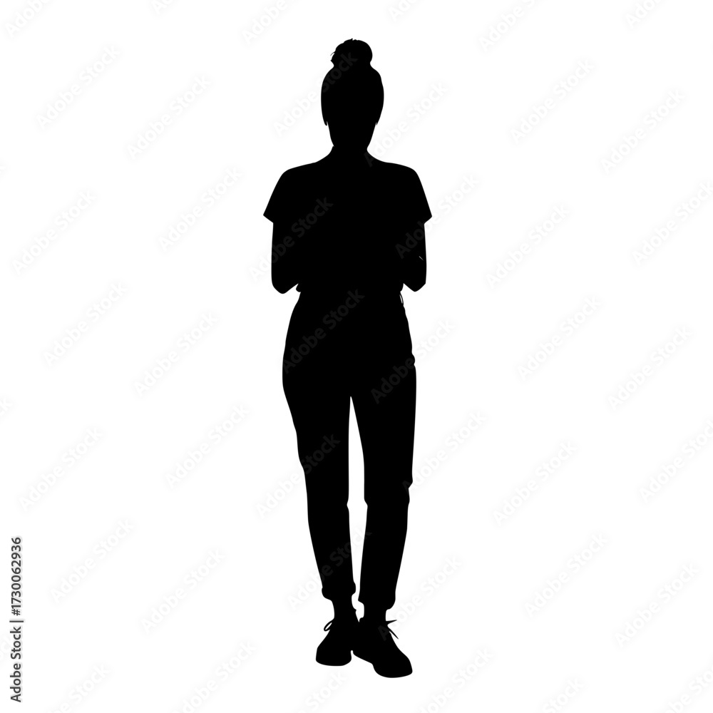 Obraz premium Vector art of a black silhouette of a woman standing with arms crossed and hair in a bun, , showcasing her posture and confident stance in a minimalist style