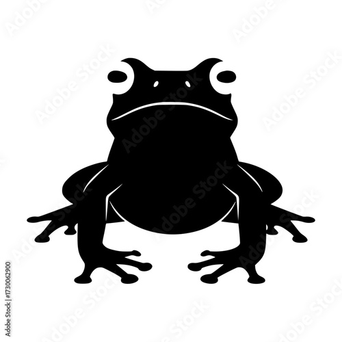 Vector art of a black silhouette of a frog with bulging eyes and webbed feet, , showcasing its distinctive amphibian features and unique body structure in a minimalist style