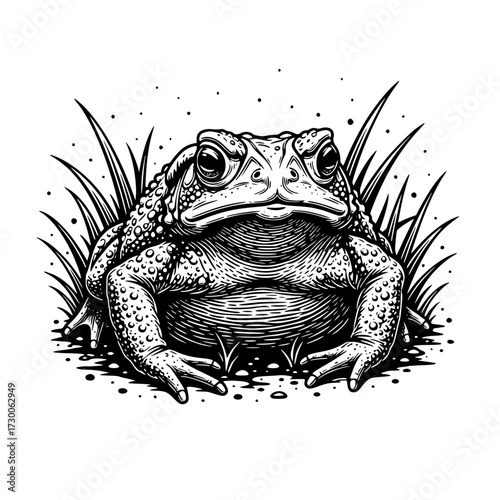 Vector art of a grumpy toad, sitting amidst blades of grass, showcasing its textured skin and bulging eyes, a charming amphibian in a natural setting