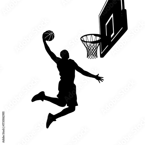 Vector art of a powerful silhouette of a basketball player dunking, , capturing the energy and athleticism of the sport, showcasing the thrill of the game