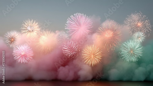 Colorful Fireworks Display Against Smoky Atmosphere in Evening Sky