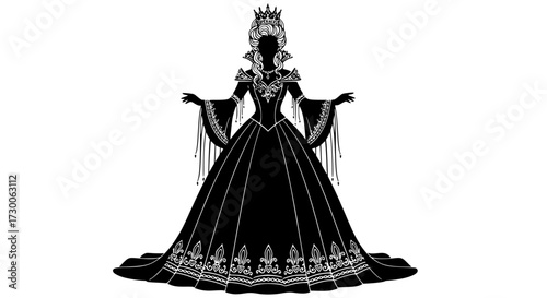 Vector art of a regal silhouette of a queen in a lavish gown and crown, , evoking fairy tales and fantasy with its intricate details and elegant design