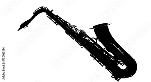 Vector art of a black saxophone, a musical instrument known for its soulful sound, often used in jazz, blues, and classical music performances