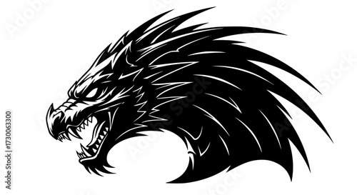 Vector art of fierce dragon head silhouette, showcasing sharp spikes, menacing teeth, and intense eyes, ideal for fantasy or mythological designs