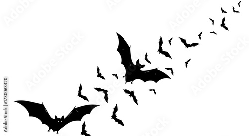 Vector art of a flurry of bats takes flight against a stark, their silhouettes creating a dynamic and eerie scene, the bats soar in unison