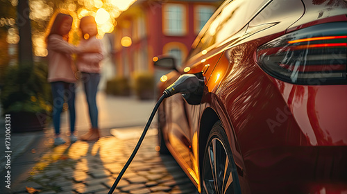 Electric vehicle charging in urban setting with two women in background. warm sunlight creates vibrant , highlighting modern design of car