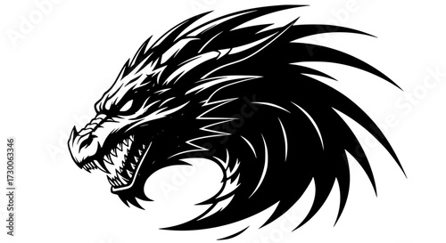 Vector art of silhouette of a fierce dragon head with sharp teeth and scales, exuding power and strength, the image embodies mythology and fantasy creatures