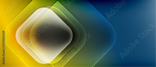 Abstract geometric design. Layered squares transition from yellow to blue. Smooth gradients create glowing effect. Minimalist composition.