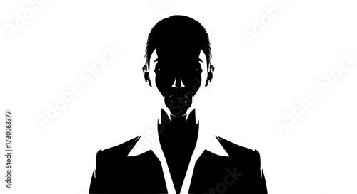 Vector art of an enigmatic black and white silhouette of a person in a suit, , creates a mysterious and intriguing visual, hinting at power, authority, and anonymity