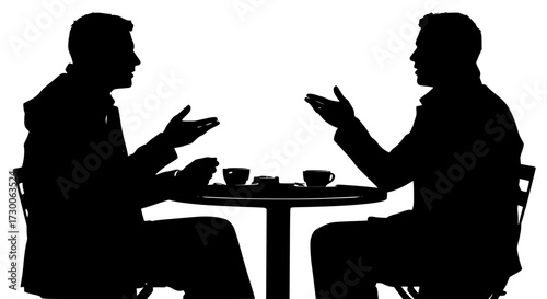 Vector art of silhouette of two men engaged in a lively discussion at a round table, their gestures animated as they converse over coffee, the scene exudes camaraderie