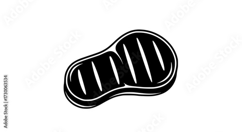 Vector art of a stylized black and white illustration of a grilled steak, showcasing prominent grill marks, the design is simple, clean, and visually appealing