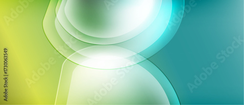 Abstract background features flowing curves, gradients. Colors transition from yellow to teal, creating dynamic visual effect. Smooth shapes overlap.