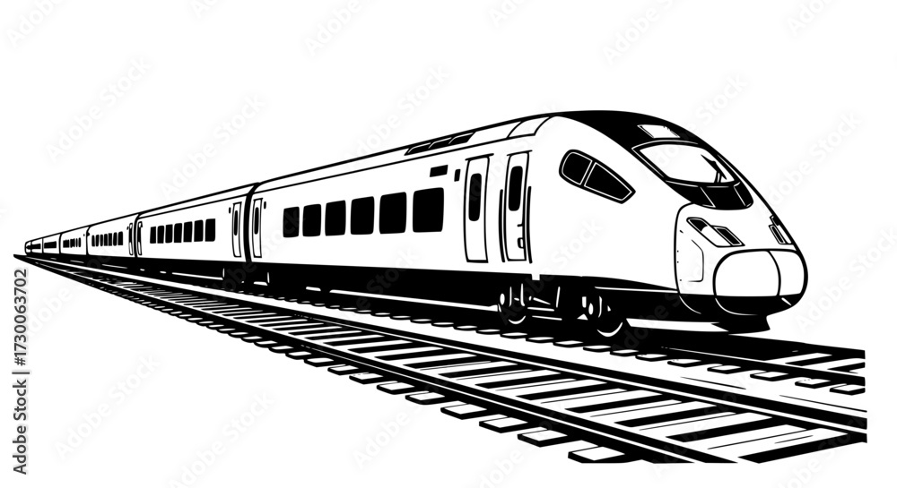 Naklejka premium Vector art of a sleek, modern train races along the tracks in a black and white illustration, , symbolizing speed, travel, and the efficiency of transportation
