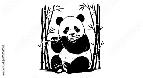 Vector art of a panda serenades with a flute amidst bamboo, a symbol of peace and harmony, its playful nature creating a sense of joy a charming scene