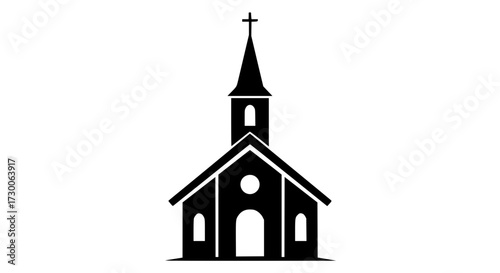 Vector art of a simple black and white illustration of a church building with a steeple and cross on top, , showcasing its architectural design and religious significance