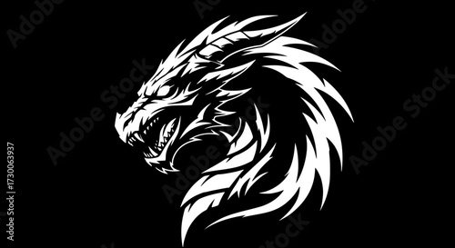 Vector art of a striking white dragon head with intricate details, set against a stark, showcasing a powerful and mythical creature in a minimalist yet captivating design