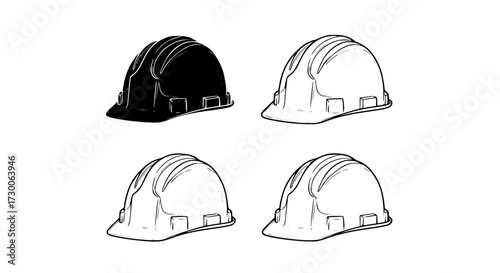 Vector art of four construction helmets, showcasing a black helmet alongside three white helmets, representing safety and protection in a clean, minimalist design
