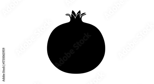 Vector art of a minimalist black pomegranate, showcasing the fruits distinctive shape and crown in a simple, elegant design, symbolizing prosperity and abundance
