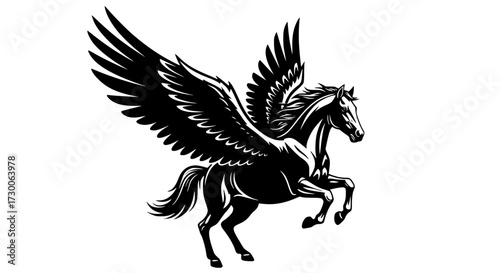 Vector art of a majestic pegasus, a mythical creature with the body of a horse and the wings of a bird, stands proudly, its powerful wings spread wide, the creature is black