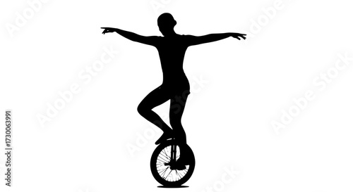 Vector art of silhouette of a person riding a unicycle with arms outstretched, , showcasing balance, skill, and the simplicity of a monochrome design against a clean backdrop