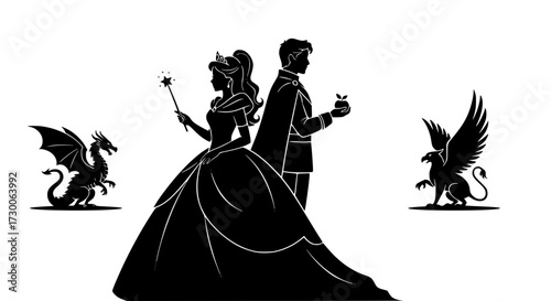 Vector art of silhouette of a fairy tale scene with a prince, princess, dragon, and griffin, , depicting a magical story with classic fantasy elements