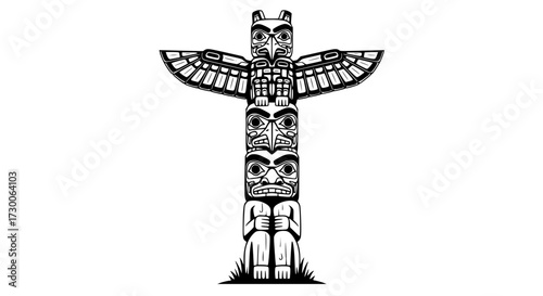 Vector art of a captivating black and white illustration of a totem pole, showcasing intricate carvings and symbolic figures, , evoking a sense of cultural heritage and artistry