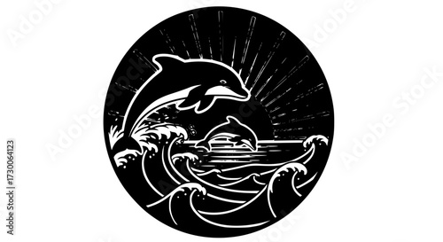 Vector art of dynamic dolphin duo leaping from ocean waves, embodying freedom, grace, and marine lifes playful spirit, perfect for ocean lovers and nature enthusiasts
