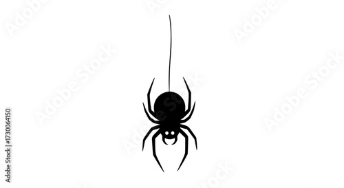 Vector art of silhouette of a spider hanging from a thread, evoking suspense, mystery, and the intricate beauty of arachnids, perfect for halloween and web enthusiasts