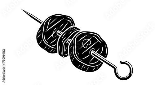 Vector art of a black and white illustration of a shish kebab skewer with grilled meat chunks, , representing food, cooking, and culinary traditions