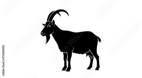 Vector art of a striking silhouette of a majestic goat, , showcasing its impressive horns and distinctive beard, capturing the essence of this iconic mountain animal in detail