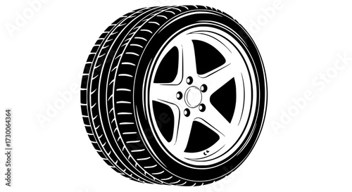 Vector art of car tire silhouette, showcasing the tread pattern and wheel design, representing transportation, automotive industry, and the open road