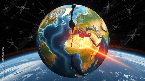 Fractured globe with mismatched seasonal quadrants spinning chaotically amid erratic satellite data.