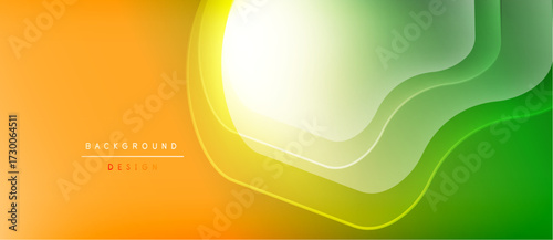 Abstract gradient background. Orange, yellow, green hues blend smoothly. Wavy layers create dynamic visual effect. Modern design element.