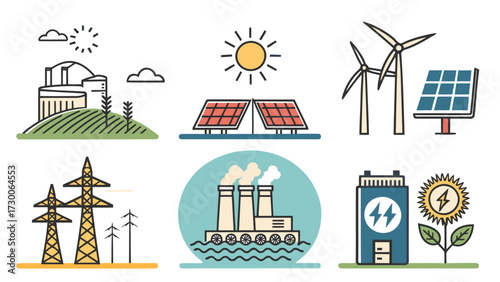 Energy Generation and Storage Vector Icons – Nuclear, Solar, Wind, Fossil Fuel, Battery, Transmission, Renewable Power Graphics

